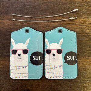 EOBKLAX (x2) Llama Luggage Tags Teal White Sup Suitcase Privacy Flaps Metal Loop